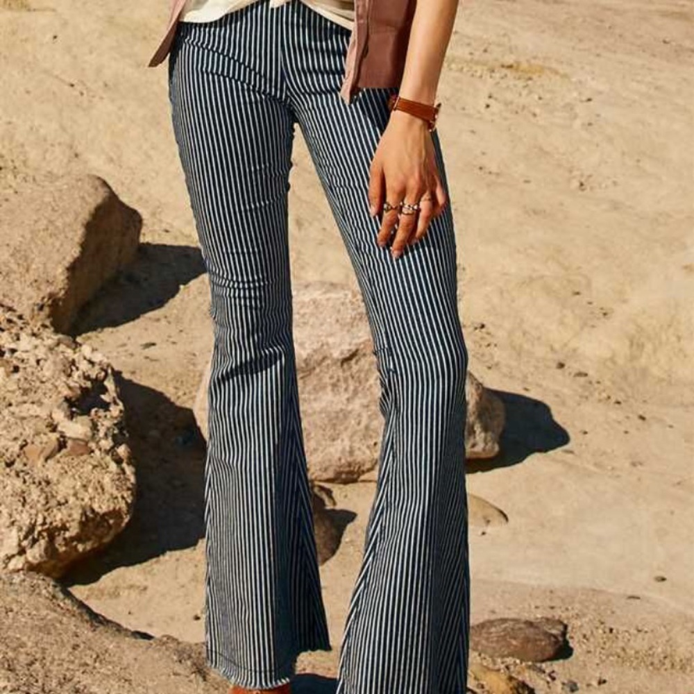 Navy and white striped flare pants